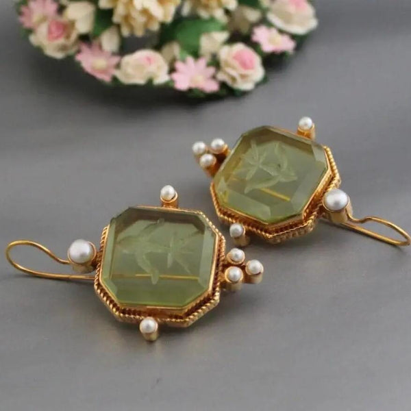 Vintage Hexagonal Green & Pearl Earrings