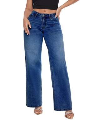 ONESO Mid-Low Rise Baggy Jeans Wide Leg for Women Distressed Pants Stretchy Bottom Lady Basic Comfortable Denim