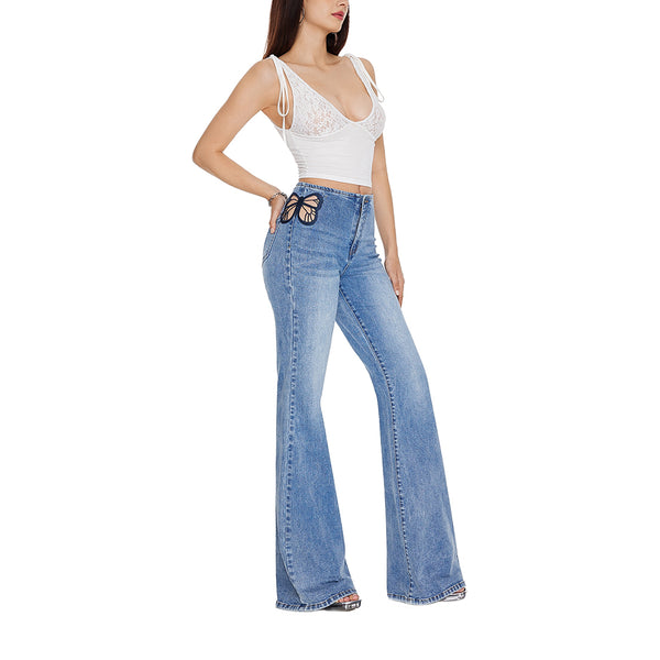 Women High Waist Stretch Flared Jeans with Butterfly Lace Embroidery Stylish-SH25F04