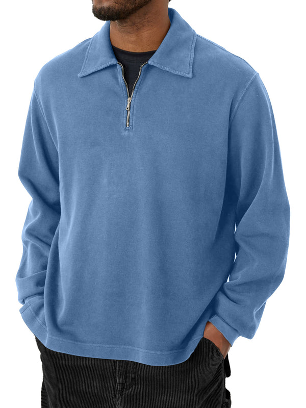 Men's Casual Half-Zip Lapel Solid Color Long Sleeve T-Shirt