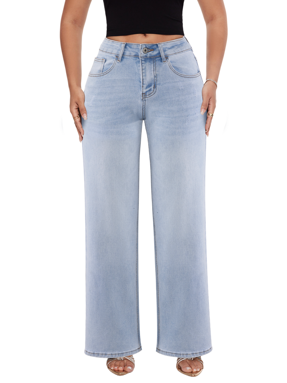 SHAPUM Shaping Wide Leg Baggy Jeans for Women Stretchy Mid Low Waist Butts Lifting Cute Jeans Trendy BBL Distressed Jeans