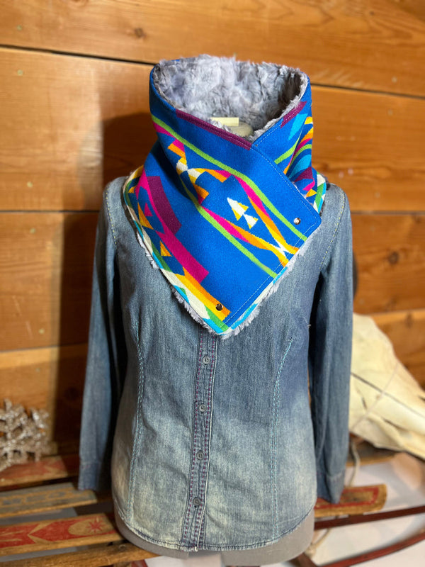 Women's Western Blue Aztec Sherpa Warm Neck Hood