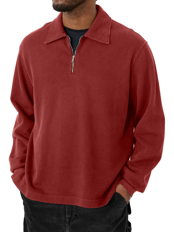 Men's Casual Half-Zip Lapel Solid Color Long Sleeve T-Shirt