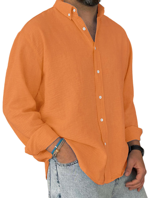 Men's Casual Simple Cotton Lapel Long-Sleeved Shirt