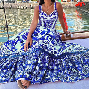 Bohemian Style Elegant Light Luxury Mid-Length Printed Halter Dress