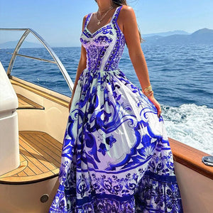 Bohemian Style Elegant Light Luxury Mid-Length Printed Halter Dress