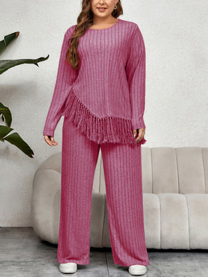 Fringed Long Sleeve Top Loose Wide Leg Pants Set