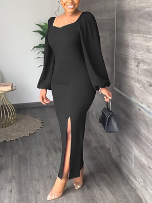 Lantern Sleeve Slit Dress