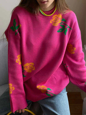 Round Neck Rose Print Sweater