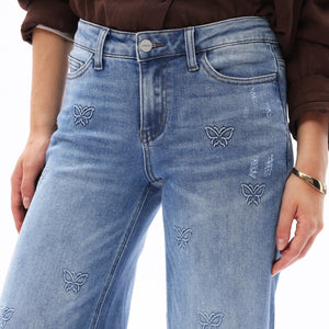 ONESO Women BBL Jeans Mid-Low Rise Wide Leg Stretch Relaxed Fit Embroidered Jeans Flat Tummy Design Simple Basic Trousers