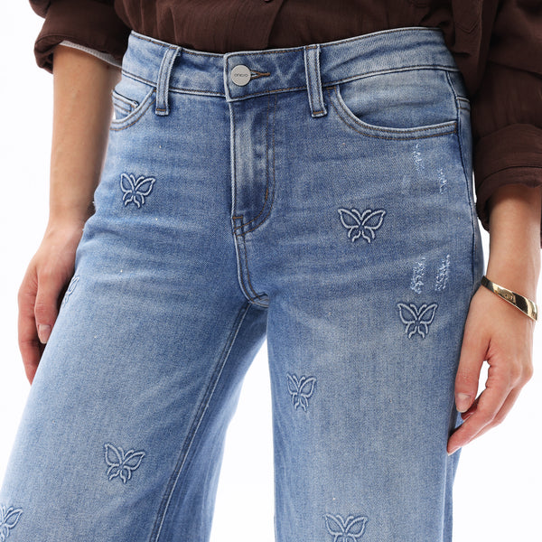 ONESO Women BBL Jeans Mid-Low Rise Wide Leg Stretch Relaxed Fit Embroidered Jeans Flat Tummy Design Simple Basic Trousers