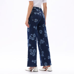 ONESO Women BBL Jeans Mid-Low Rise Wide Leg Stretch Baggy Printing Denim with Tummy Control Minimalist Basic Trouser