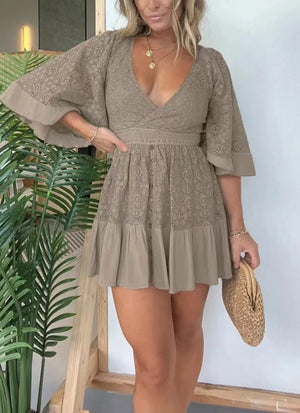 V Neck Lace Patchwork Bat Sleeve Mini Dress