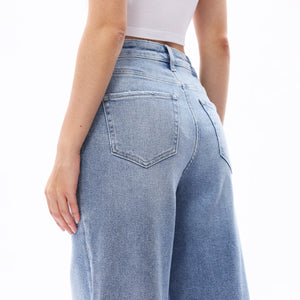 ONESO Women BBL High Rise Raw Hem Baggy Jeans High Stretchy Wide Leg Tummy Denim Pants