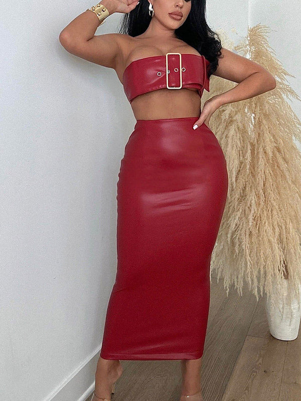 Faux Leather Skirt Set