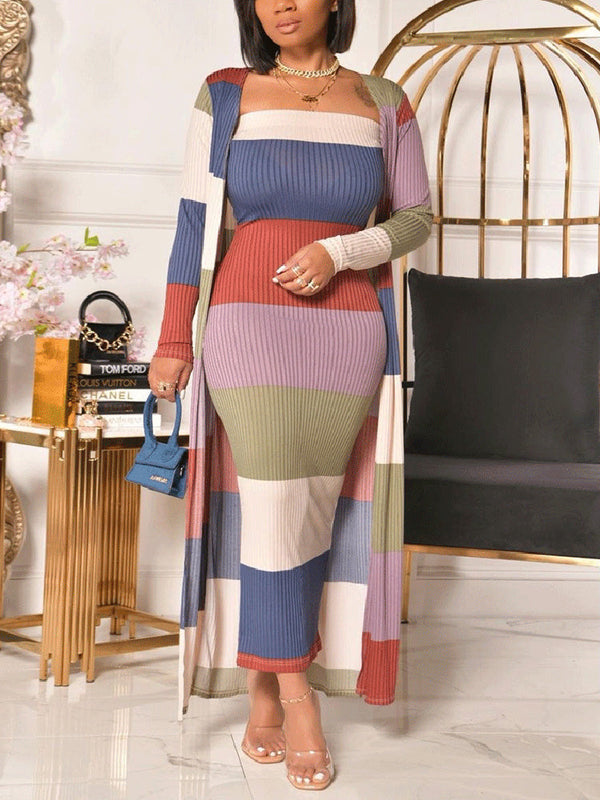 Ribbed Knitted Striped Dress & Coat Set