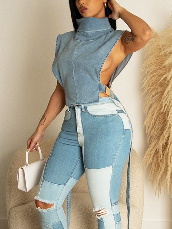 Denim Sleeveless Turtleneck Top