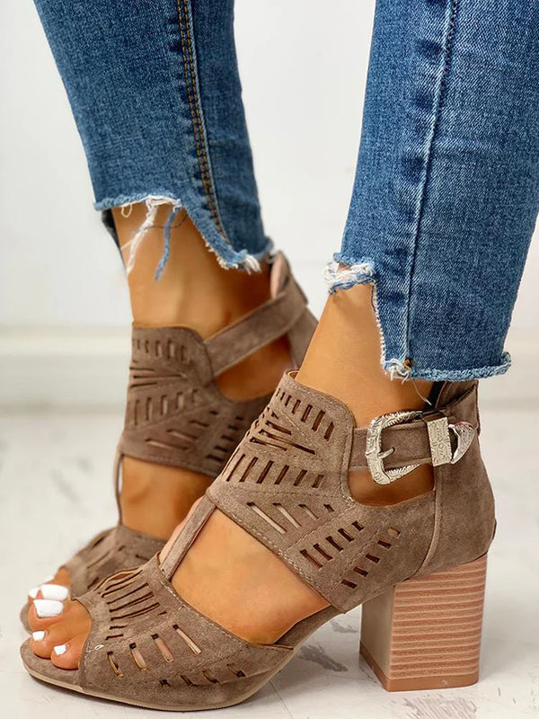 Hollow Out Chunky Heel Sandals