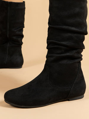 Mid-Calf Side Zipper Ruched Flat Boots