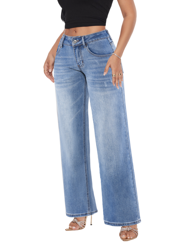 SHAPUM Women's Mid Rise Relaxed Fit Wide Leg Stretch Cuffed Jeans