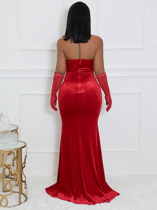 Velvet Rhinestone Slit Dress