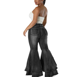 Denim High Waist Ruffle Flare Jeans