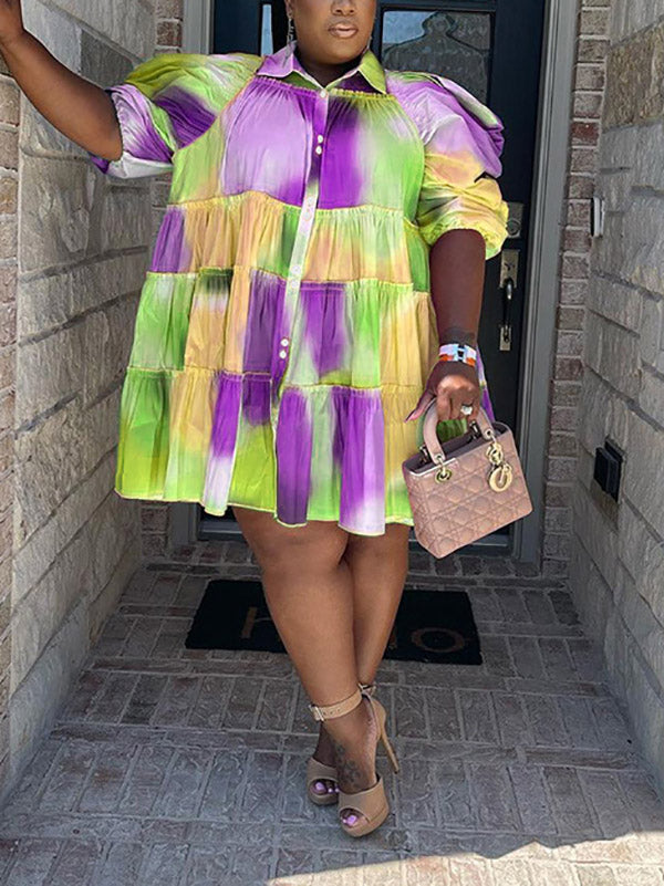 Tie Dye Ruffled Shirt Dress