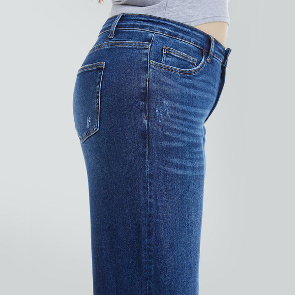 ONESO Mid-Low Rise Baggy Jeans Wide Leg for Women Distressed Pants Stretchy Bottom Lady Basic Comfortable Denim