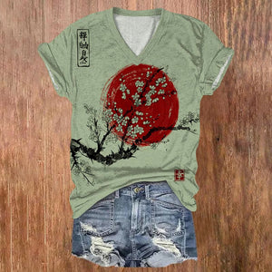 Women's Sunrise Japanese Art Print Casual V-neck T-shirt