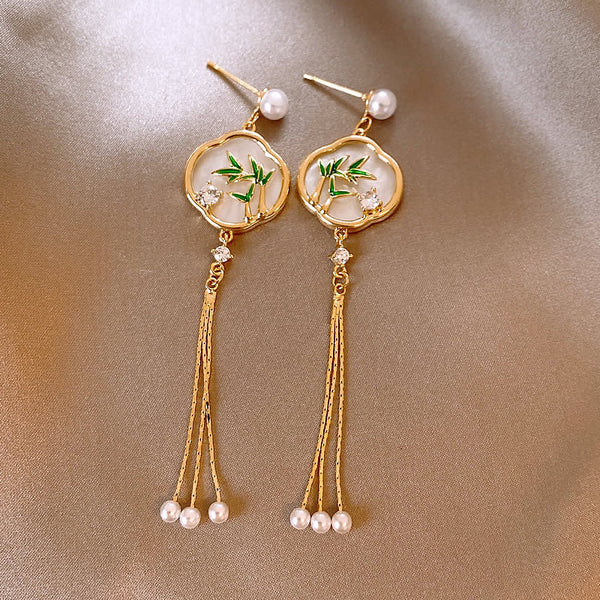 Bamboo Leaf Pearl Tassel Earrings