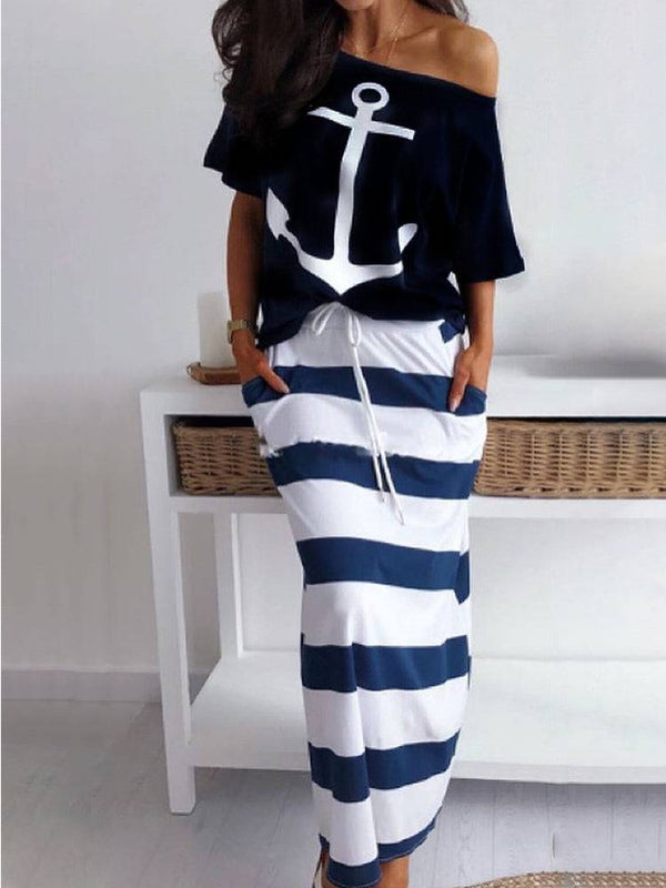 Print Off Shoulder Striped Skirt Set