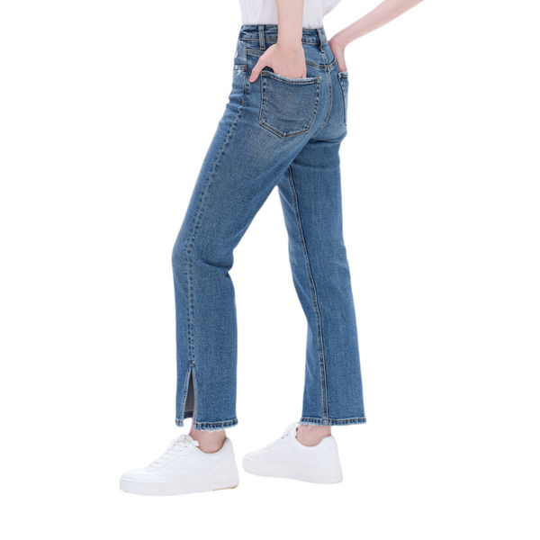 Women High Rise Stretch Straight Leg Distressed  Grinding Jeans With Side Slits BYT5162