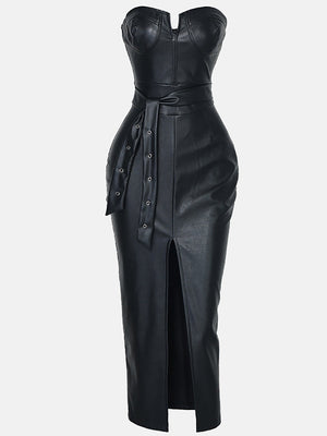 Strapless Split PU Leather Dress