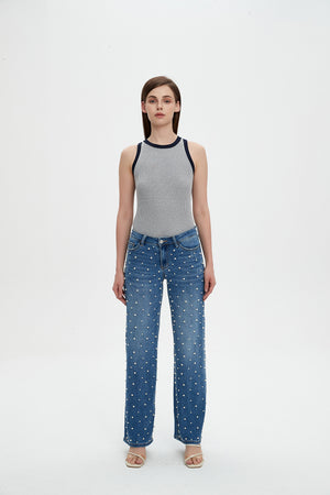 ONESO Wide Leg Mid-Low Rise Baggy Jeans for Women Distressed Pants Stretchy Bottom Lady Basic Comfortable Denim