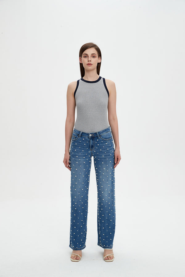 ONESO Wide Leg Mid-Low Rise Baggy Jeans for Women Distressed Pants Stretchy Bottom Lady Basic Comfortable Denim