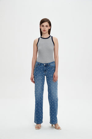 ONESO Wide Leg Mid-Low Rise Baggy Jeans for Women Distressed Pants Stretchy Bottom Lady Basic Comfortable Denim