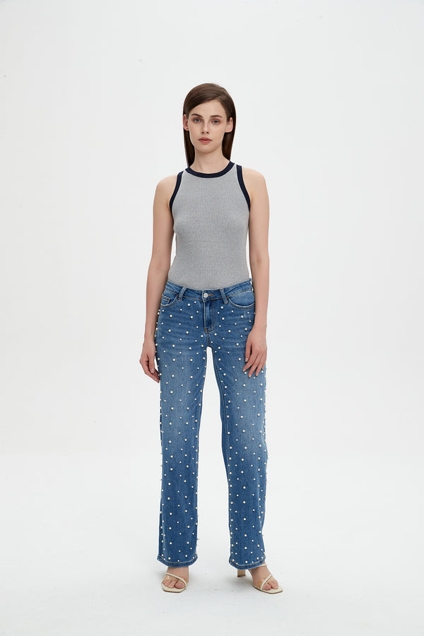 ONESO Wide Leg Mid-Low Rise Baggy Jeans for Women Distressed Pants Stretchy Bottom Lady Basic Comfortable Denim