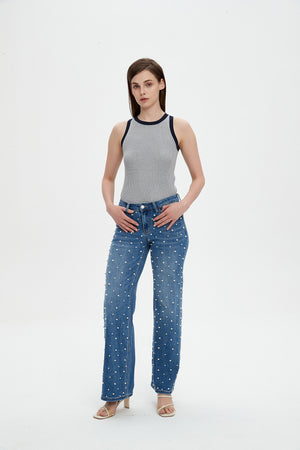 ONESO Wide Leg Mid-Low Rise Baggy Jeans for Women Distressed Pants Stretchy Bottom Lady Basic Comfortable Denim