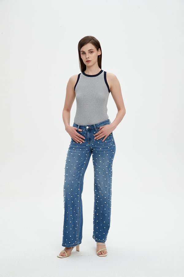 ONESO Wide Leg Mid-Low Rise Baggy Jeans for Women Distressed Pants Stretchy Bottom Lady Basic Comfortable Denim