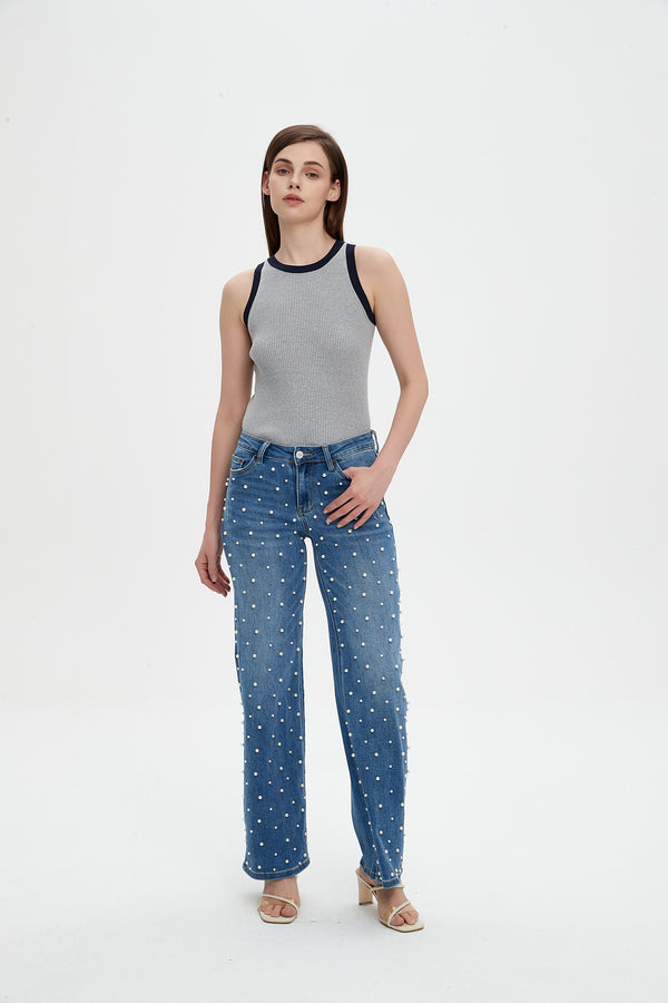 ONESO Wide Leg Mid-Low Rise Baggy Jeans for Women Distressed Pants Stretchy Bottom Lady Basic Comfortable Denim