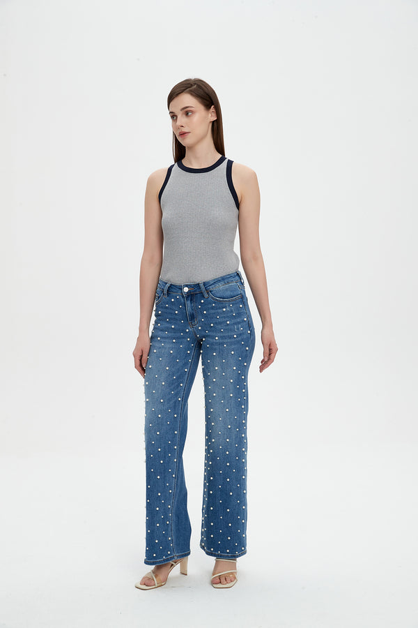 ONESO Wide Leg Mid-Low Rise Baggy Jeans for Women Distressed Pants Stretchy Bottom Lady Basic Comfortable Denim