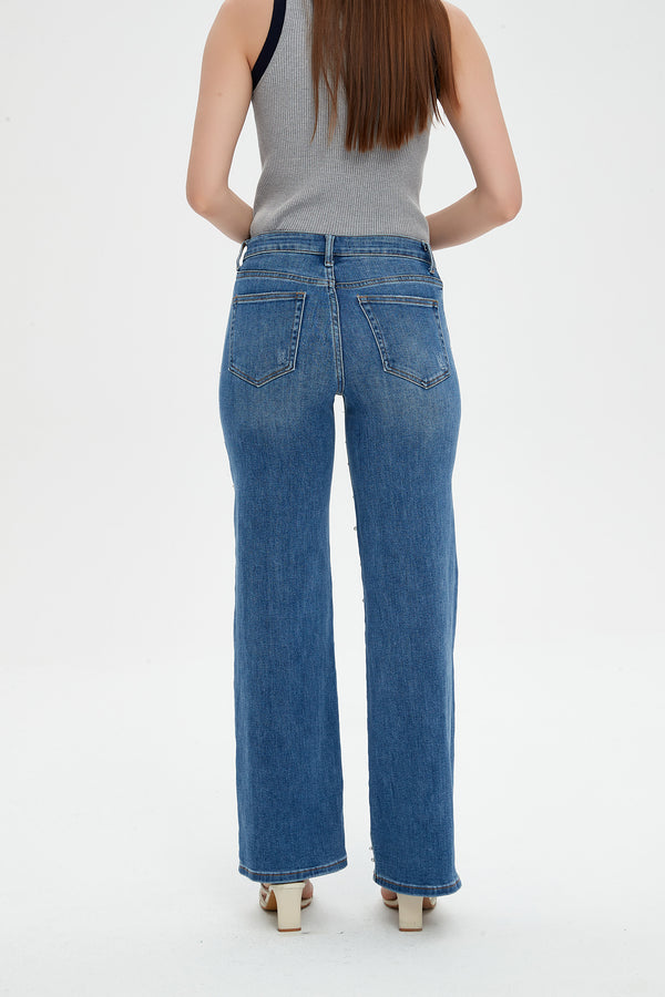 ONESO Wide Leg Mid-Low Rise Baggy Jeans for Women Distressed Pants Stretchy Bottom Lady Basic Comfortable Denim