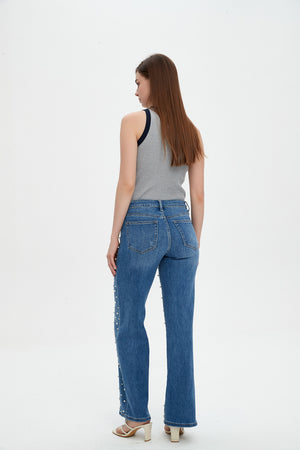 ONESO Wide Leg Mid-Low Rise Baggy Jeans for Women Distressed Pants Stretchy Bottom Lady Basic Comfortable Denim