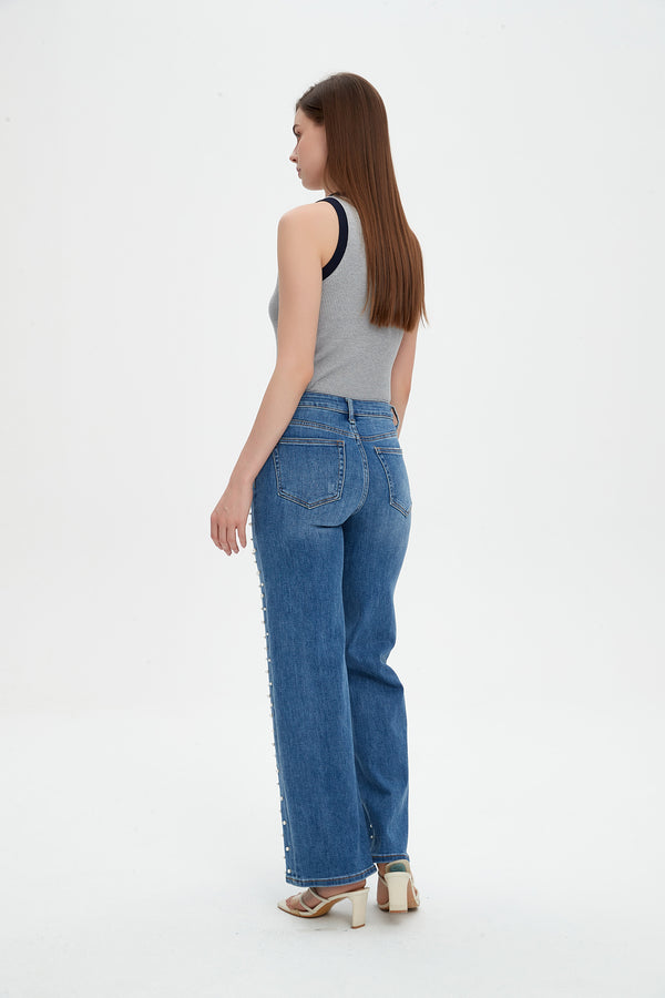 ONESO Wide Leg Mid-Low Rise Baggy Jeans for Women Distressed Pants Stretchy Bottom Lady Basic Comfortable Denim