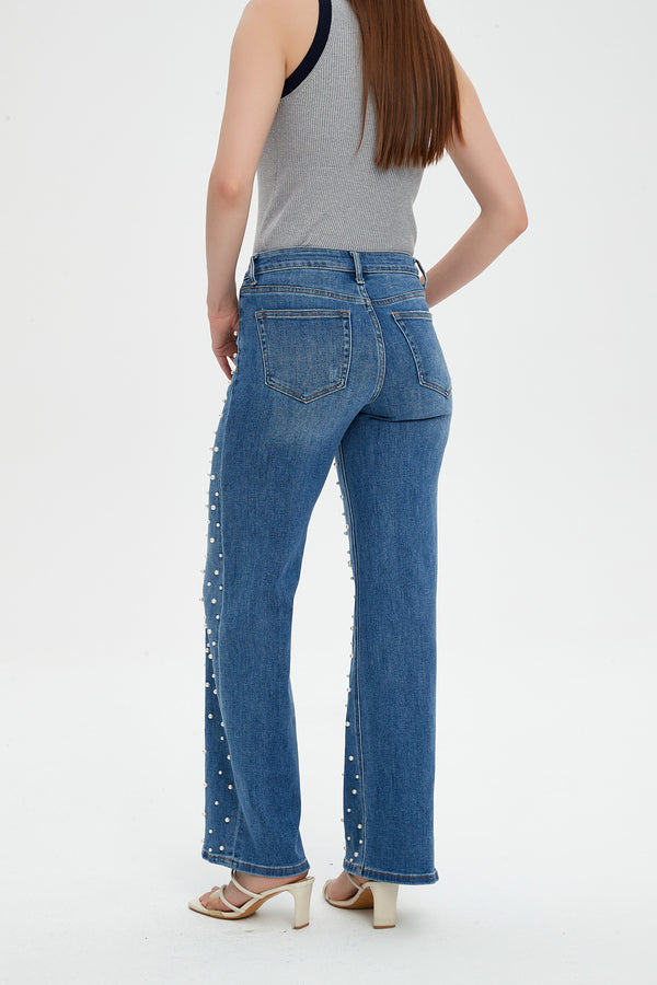 ONESO Wide Leg Mid-Low Rise Baggy Jeans for Women Distressed Pants Stretchy Bottom Lady Basic Comfortable Denim