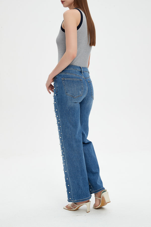 ONESO Wide Leg Mid-Low Rise Baggy Jeans for Women Distressed Pants Stretchy Bottom Lady Basic Comfortable Denim