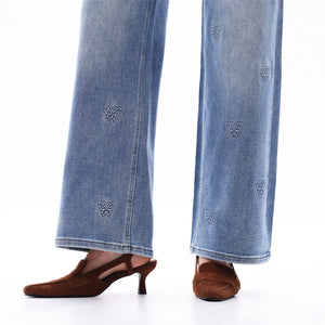 ONESO Women BBL Jeans Mid-Low Rise Wide Leg Stretch Relaxed Fit Embroidered Jeans Flat Tummy Design Simple Basic Trousers