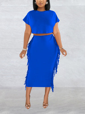 Fringe Crop Top Skirt Set