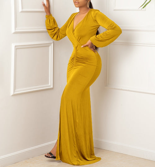 V Neck Long Sleeve Ruched Maxi Dress