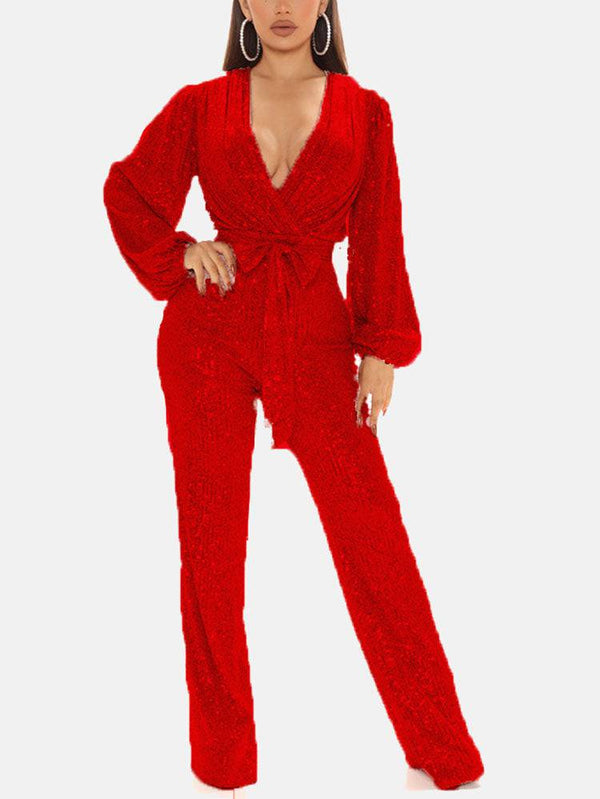 Sequin Long Sleeve V Neck Jumpsuit